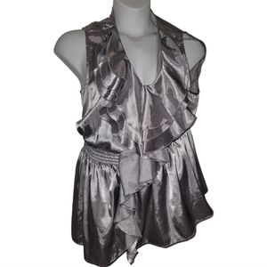 Ashley Stewart plus size ruffled v neck silver tunic blouse shirt top 18 20